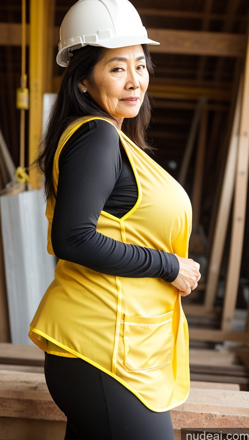 ai nude image of arafed woman in a hard hat and yellow vest standing in a construction site pics of Milf Busty Big Hips Big Ass Pubic Hair Fairer Skin Long Hair Black Hair Pantylines Korean 70s Construction Worker