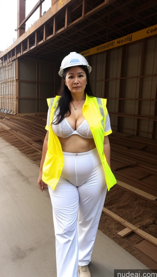 ai nude image of arafed woman in a white suit and safety vest standing on a sidewalk pics of Milf Busty Big Hips Big Ass Pubic Hair Fairer Skin Long Hair Black Hair Pantylines Korean Construction Worker 60s