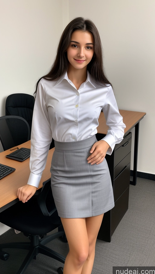 ai nude image of arafed woman in a skirt and shirt posing in an office pics of Small Tits Beautiful Skinny Small Ass 18 Black Hair Straight Russian Office Long Skirt Detailed Shirt Suit