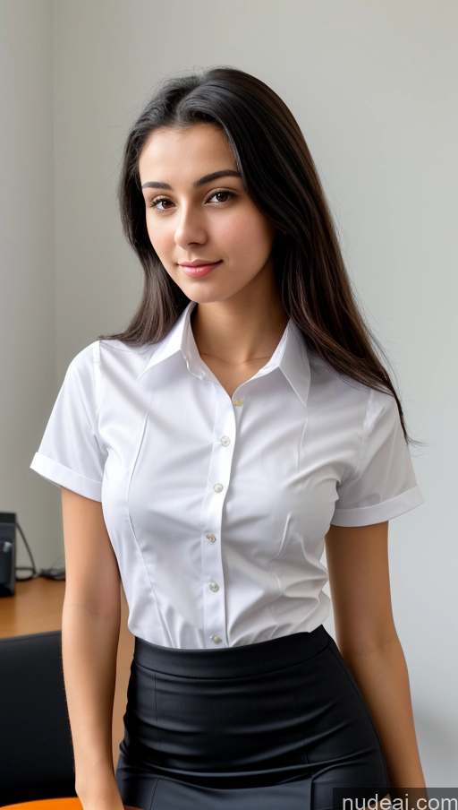 ai nude image of there is a woman in a white shirt and black skirt posing for a picture pics of Small Tits Beautiful Skinny Small Ass 18 Black Hair Straight Russian Office Detailed Shirt Suit Mini Skirt