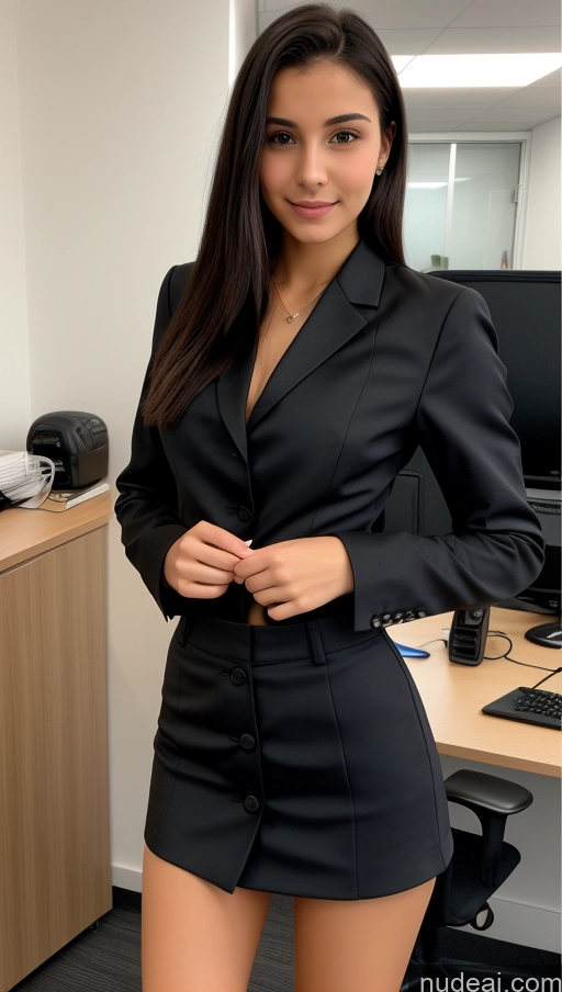 ai nude image of arafed woman in a black suit posing in an office pics of Small Tits Beautiful Skinny Small Ass 18 Black Hair Straight Russian Office Detailed Shirt Suit Mini Skirt Cleavage