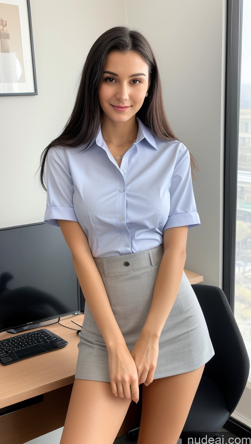 ai nude image of arafed woman in a short skirt posing in front of a computer pics of Small Tits Beautiful Skinny Small Ass 18 Black Hair Straight Russian Office Detailed Shirt Suit Mini Skirt Cleavage