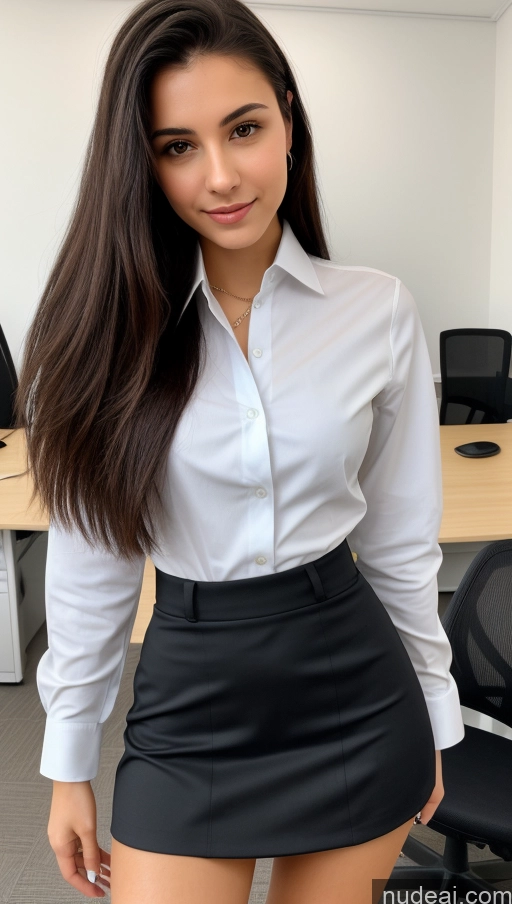 ai nude image of arafed woman in a skirt posing in an office pics of Small Tits Beautiful Skinny Small Ass 18 Black Hair Straight Russian Office Detailed Shirt Suit Mini Skirt Cleavage