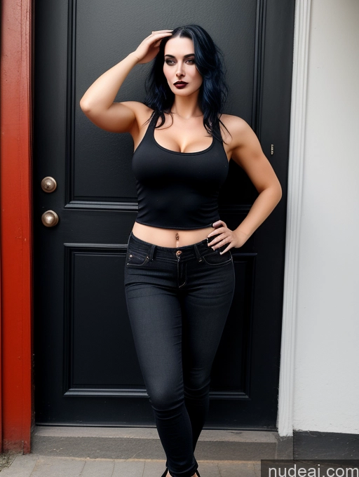 ai nude image of arafed woman in black top and jeans standing in front of a door pics of Perfect Boobs Perfect Body Big Hips Goth Jeans Tank Top Russian 30s