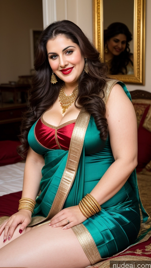 ai nude image of araffe woman in a green sari sitting on a bed pics of Milf Busty Beautiful Lipstick Thick Chubby Big Hips Fat Fairer Skin 20s Happy Seductive Brunette Long Hair Russian Party Front View Straddling Sari Blouse Dirndl Victorian Cleavage Gold Jewelry