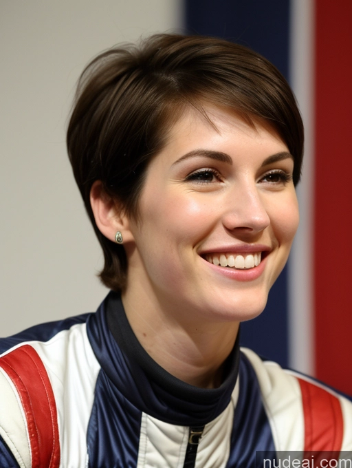 ai nude image of smiling woman in a red, white and blue jacket with a red, white and blue jacket pics of Athlete Tall Long Legs Fairer Skin 18 Happy Black Hair Short Hair White Small Tits Small Ass Race Driver