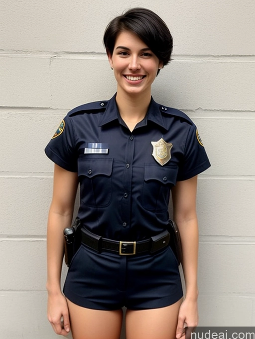 ai nude image of arafed woman in uniform posing for a picture in front of a wall pics of Athlete Tall Long Legs Fairer Skin 18 Happy Black Hair Short Hair White Small Tits Small Ass Police