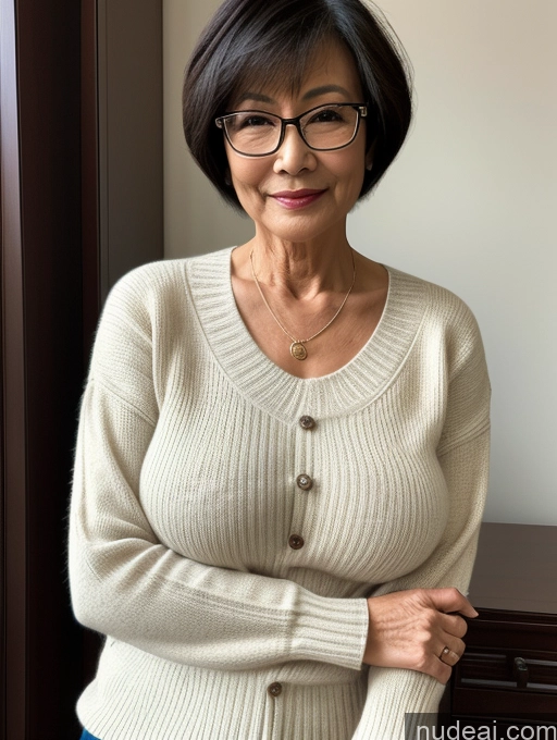 ai nude image of arafed woman in glasses and a sweater standing in front of a dresser pics of Milf Two Perfect Boobs Beautiful Glasses Perfect Body Short Hair 70s Chinese Bra Casual Professor Sweater Cleavage Dark Lighting Detailed Sexy Face