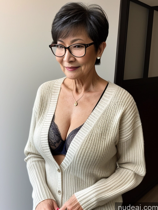 ai nude image of there is a woman wearing glasses and a sweater posing for a picture pics of Milf Two Perfect Boobs Beautiful Glasses Perfect Body Short Hair 70s Chinese Bra Casual Professor Sweater Cleavage Dark Lighting Detailed Sexy Face