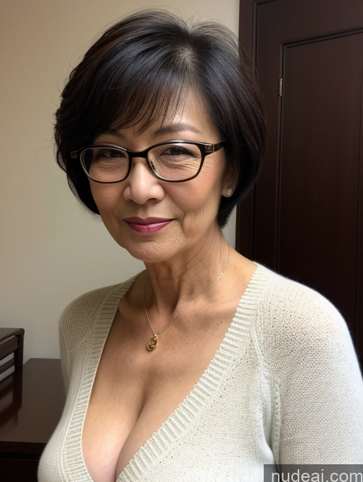 ai nude image of there is a woman with glasses and a sweater posing for a picture pics of Milf Two Perfect Boobs Beautiful Glasses Perfect Body Short Hair 70s Chinese Bra Casual Professor Sweater Cleavage Dark Lighting Detailed Sexy Face