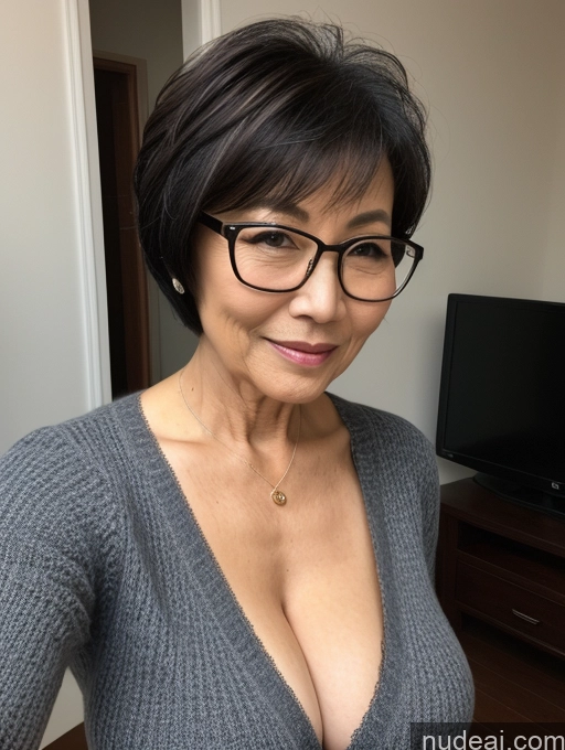 ai nude image of there is a woman with glasses and a sweater posing for a picture pics of Milf Two Perfect Boobs Beautiful Glasses Perfect Body Short Hair 70s Chinese Bra Casual Professor Sweater Cleavage Dark Lighting Detailed Sexy Face