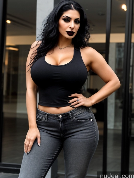 ai nude image of araffe woman in black top and jeans posing for a picture pics of Perfect Boobs Perfect Body Big Hips Goth Jeans Tank Top 30s Persian