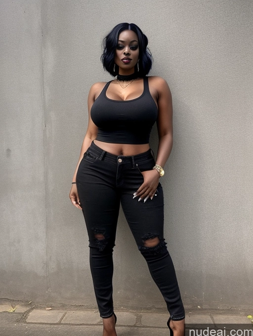 ai nude image of a woman in black top and ripped jeans leaning against a wall pics of Perfect Boobs Perfect Body Big Hips Goth Jeans Tank Top 30s Nigerian Hip Hop