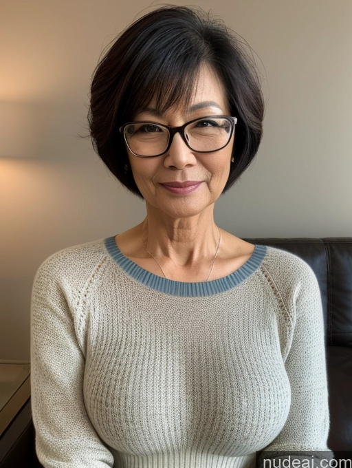 ai nude image of arafed woman with glasses sitting on a couch in a room pics of Milf Two Perfect Boobs Beautiful Glasses Perfect Body Short Hair Chinese Bra Casual Professor Sweater Cleavage Dark Lighting Detailed Sexy Face 60s