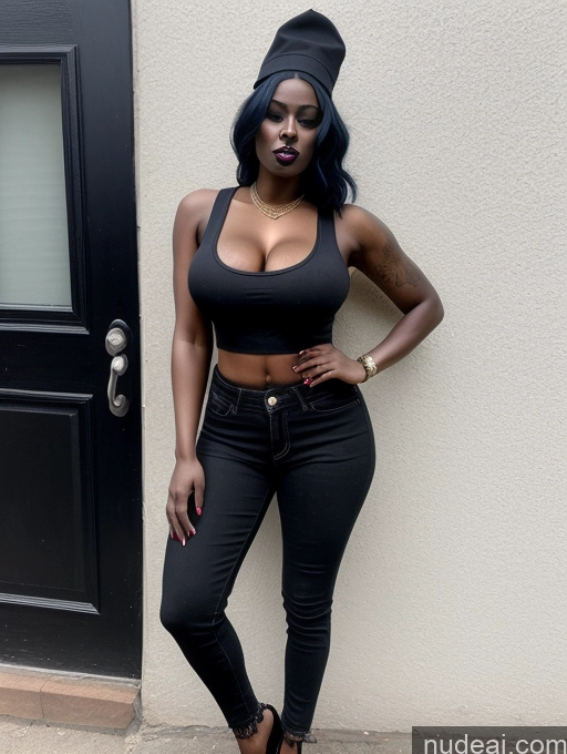 ai nude image of araffe woman in black top and jeans standing in front of a door pics of Perfect Boobs Perfect Body Big Hips Goth Jeans Tank Top 30s Nigerian Hip Hop