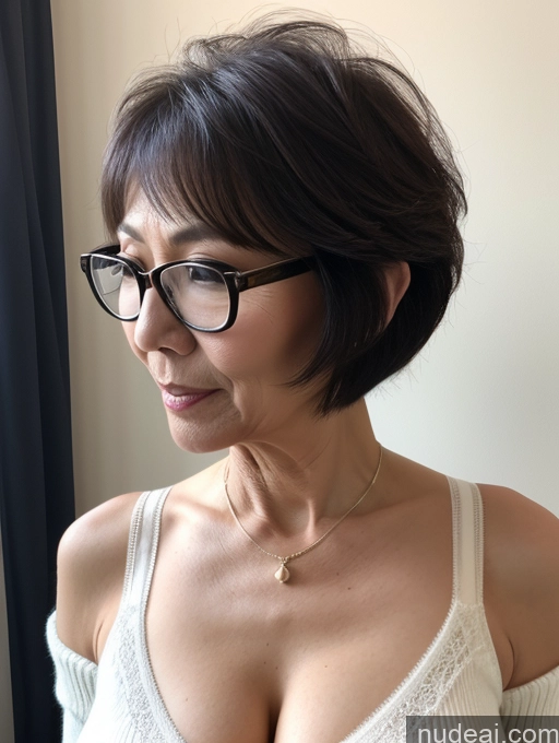 ai nude image of there is a woman with glasses and a white top looking at something pics of Milf Two Perfect Boobs Beautiful Glasses Perfect Body Short Hair Chinese Bra Casual Professor Sweater Cleavage Dark Lighting Detailed Sexy Face 60s