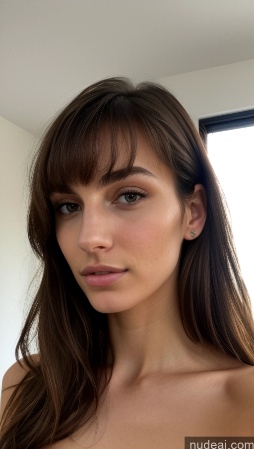 ai nude image of arafed woman with long brown hair and a white top pics of Model Small Tits Beautiful 18 Serious Brunette Bangs Jewish Bedroom Close-up View Nude Bright Lighting Skinny