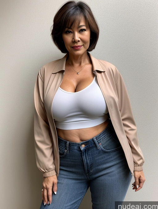 ai nude image of there is a woman in a white top and jeans posing for a picture pics of Milf Two Busty Perfect Boobs Beautiful Perfect Body Short Hair 60s Blouse Bra Casual Jacket Jeans Cleavage Dark Lighting Detailed Sexy Face Asian