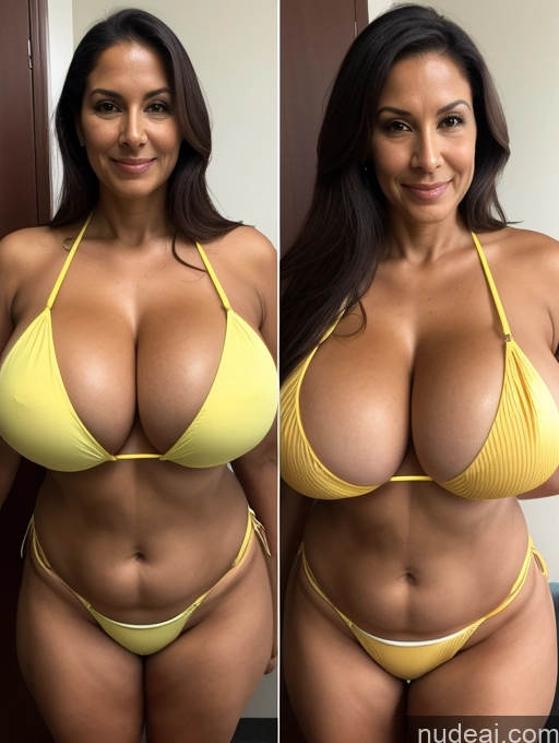 ai nude image of arafed woman in a yellow bikini posing for a picture pics of Milf One Busty Huge Boobs Tanned Skin 70s Brazilian Front View Lab Coat Microkini Professor Thong