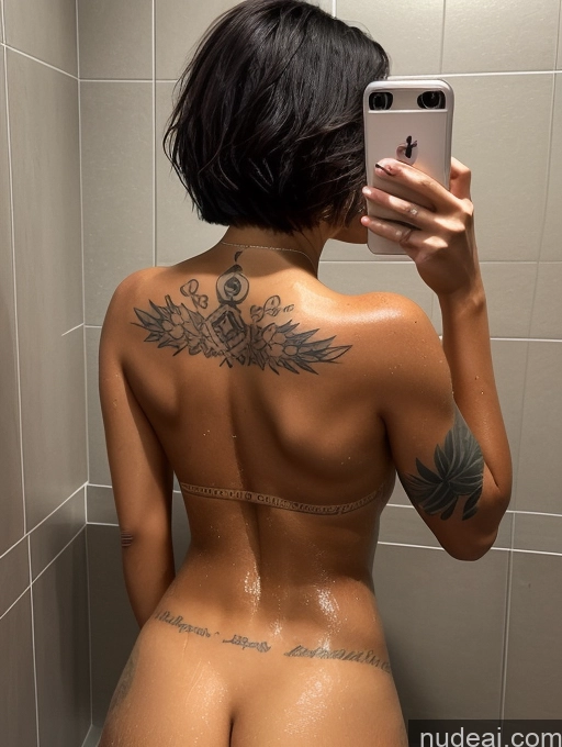 ai nude image of arafed woman taking a selfie in a bathroom with a phone pics of Tattoos Small Ass Seductive Nude Detailed Small Tits Sexy Face Shower Woman Perfect Body Dark Skin 40s Brunette Short Hair On Back Polynesian Mirror Selfie Front View