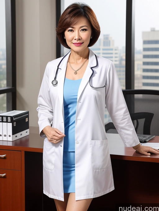 ai nude image of arafed woman in a lab coat standing in front of a desk pics of Milf Two Perfect Boobs Perfect Body Pubic Hair Short Hair 70s Chinese Office Doctor Lab Coat Cleavage Dark Lighting Sexy Face