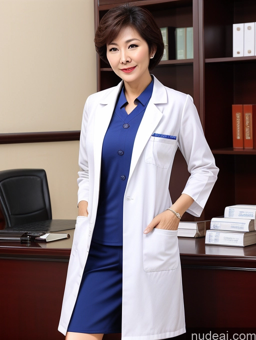 ai nude image of arafed woman in a white lab coat standing in front of a desk pics of Milf Two Perfect Boobs Perfect Body Pubic Hair Short Hair 70s Chinese Office Doctor Lab Coat Cleavage Dark Lighting Sexy Face