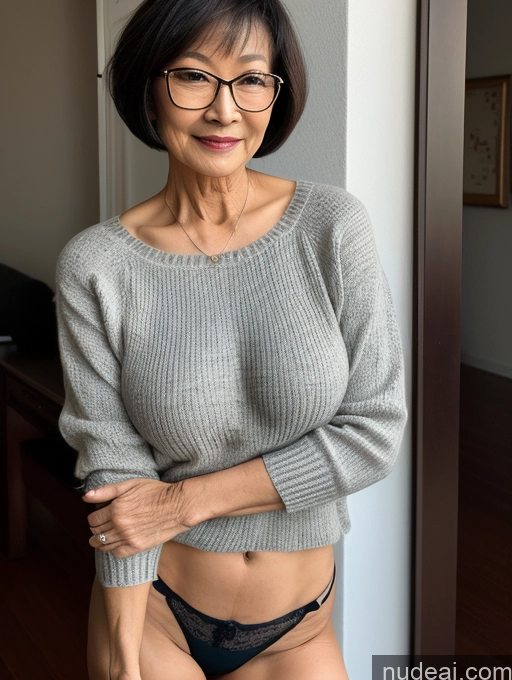 ai nude image of there is a woman in a gray sweater and black panties posing for a picture pics of Milf Two Perfect Boobs Beautiful Glasses Perfect Body Short Hair 70s Chinese Bra Casual Professor Sweater Cleavage Dark Lighting Detailed Sexy Face