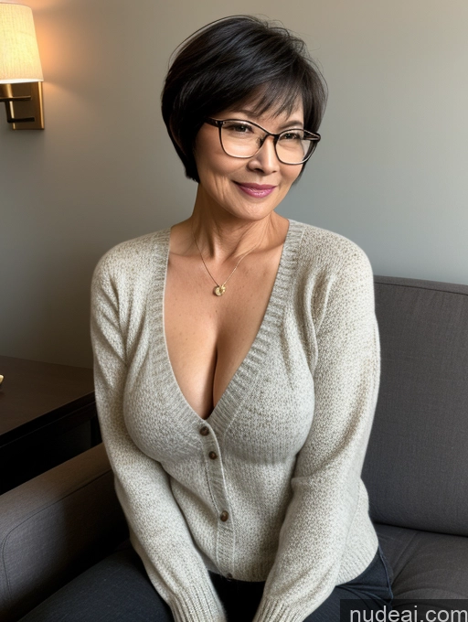 ai nude image of arafed woman sitting on a couch with a necklace on her neck pics of Milf Two Perfect Boobs Beautiful Glasses Perfect Body Short Hair Chinese Bra Casual Professor Sweater Cleavage Dark Lighting Detailed Sexy Face 60s