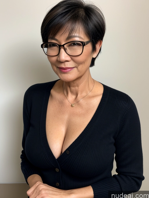 ai nude image of there is a woman with glasses posing for a picture pics of Milf Two Perfect Boobs Beautiful Glasses Perfect Body Short Hair Chinese Bra Casual Professor Sweater Cleavage Dark Lighting Detailed Sexy Face 60s