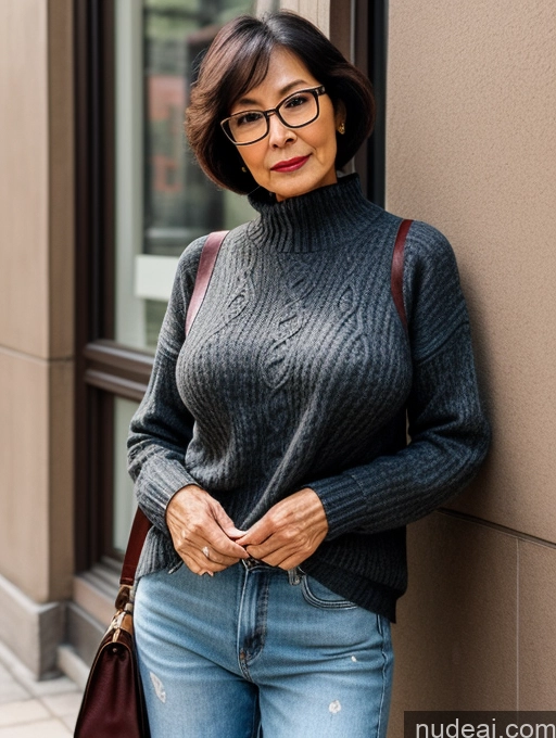 ai nude image of arafed woman in a gray sweater and jeans leaning against a wall pics of Milf Two Perfect Boobs Beautiful Glasses Perfect Body Short Hair Chinese Bra Casual Professor Sweater Cleavage Dark Lighting Detailed Sexy Face 80s