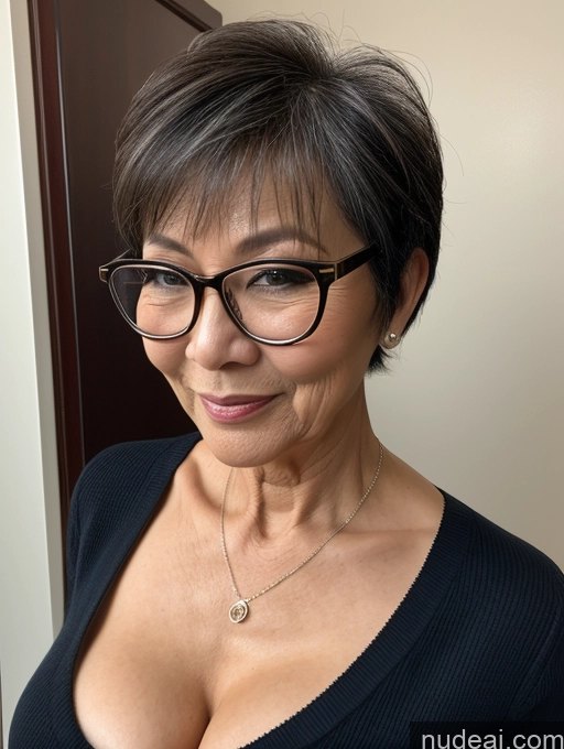 ai nude image of there is a woman with glasses and a necklace on her neck pics of Milf Two Perfect Boobs Beautiful Glasses Perfect Body Short Hair Chinese Bra Casual Professor Sweater Cleavage Dark Lighting Detailed Sexy Face 70s