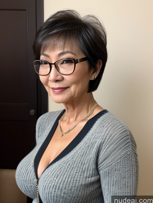 ai nude image of there is a woman with glasses and a sweater posing for a picture pics of Milf Two Perfect Boobs Beautiful Glasses Perfect Body Short Hair Chinese Bra Casual Professor Sweater Cleavage Dark Lighting Detailed Sexy Face 70s