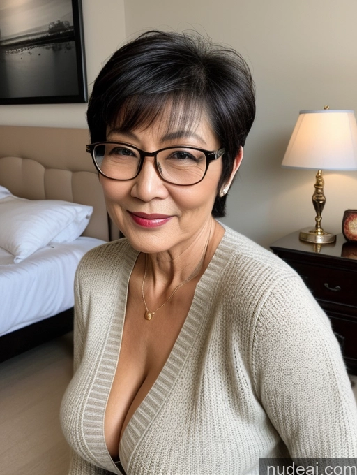 ai nude image of there is a woman with glasses posing for a picture in a bedroom pics of Milf Two Perfect Boobs Beautiful Glasses Perfect Body Short Hair Chinese Bra Casual Professor Sweater Cleavage Dark Lighting Detailed Sexy Face 70s Bedroom