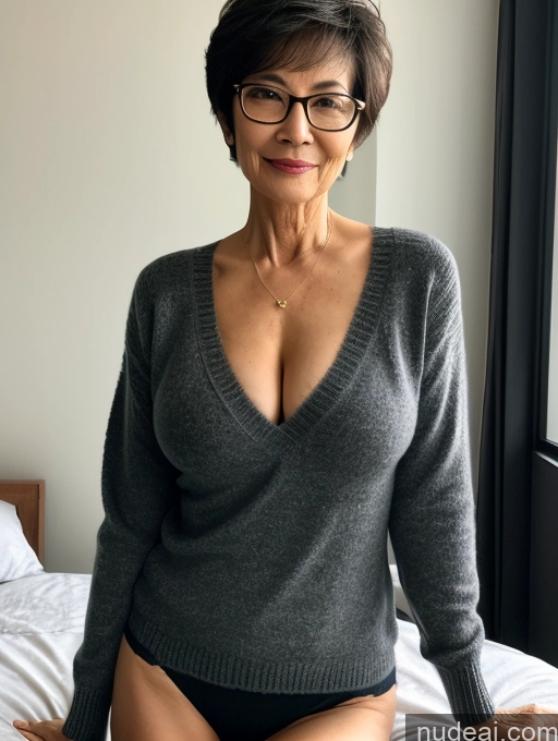 ai nude image of arafed woman in a gray sweater and black panties sitting on a bed pics of Milf Two Perfect Boobs Beautiful Glasses Perfect Body Short Hair Chinese Bra Casual Professor Sweater Cleavage Dark Lighting Detailed Sexy Face 70s Bedroom Pubic Hair