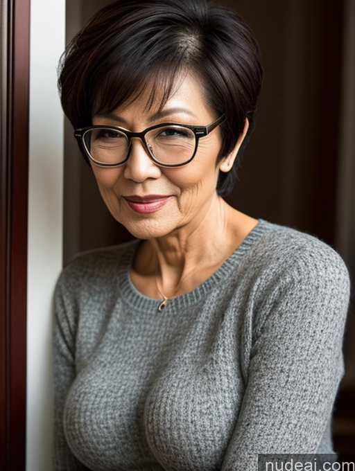 ai nude image of there is a woman with glasses and a gray sweater posing for a picture pics of Milf Two Perfect Boobs Beautiful Glasses Perfect Body Short Hair 70s Chinese Bra Casual Professor Sweater Cleavage Dark Lighting Detailed Sexy Face Side View