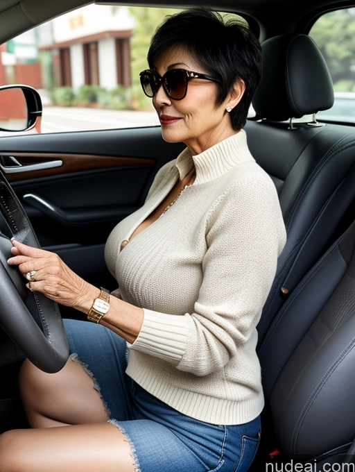 ai nude image of woman in a car with a steering wheel and sunglasses on pics of Milf Two Perfect Boobs Beautiful Perfect Body Short Hair 70s Chinese Bra Casual Professor Sweater Cleavage Detailed Sexy Face Side View Car Sunglasses