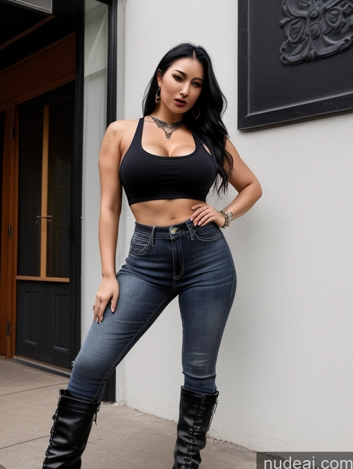 ai nude image of araffe woman in black top and jeans posing for a picture pics of Perfect Boobs Perfect Body Big Hips Jeans Boots Tank Top 30s Goth Mongolian