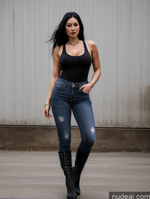 ai nude image of araffed woman in black top and jeans posing for a picture pics of Perfect Boobs Perfect Body Big Hips Jeans Boots Tank Top 30s Goth Mongolian