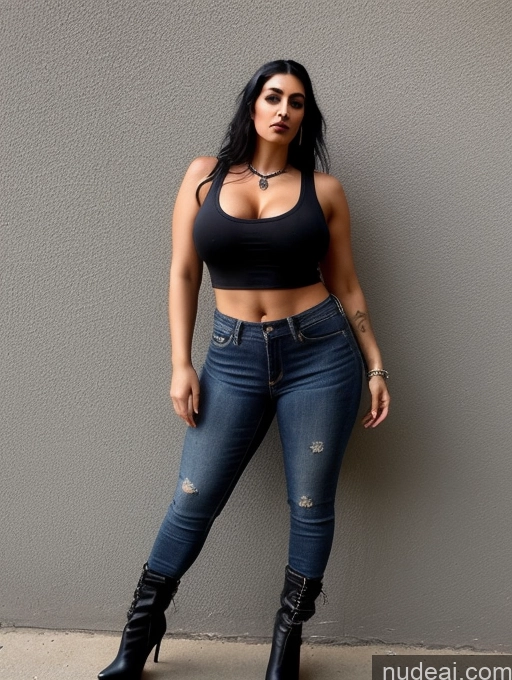 ai nude image of arafed woman in black top and jeans posing for a picture pics of Perfect Boobs Perfect Body Big Hips Jeans Boots Tank Top 30s Goth Middle Eastern