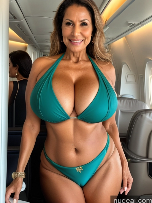 ai nude image of arafed woman in a green bikini posing for a picture on a plane pics of One Milf Busty Huge Boobs Tanned Skin 70s Brazilian Front View Flight Attendant Microkini Thong