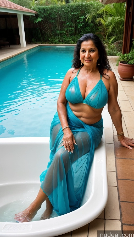 ai nude image of woman in blue dress sitting in a bathtub in a pool pics of Milf One Busty Big Ass 70s Brunette Long Hair Indian Pool Bathing Sari Transparent