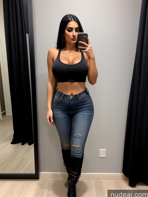 ai nude image of araffed woman taking a selfie in a mirror with a cell phone pics of Perfect Boobs Perfect Body Big Hips Jeans Boots Tank Top Goth Middle Eastern 20s