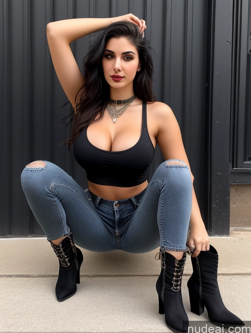 ai nude image of araffed woman in black top and jeans sitting on steps pics of Perfect Boobs Perfect Body Big Hips Jeans Boots Tank Top Goth Middle Eastern 18