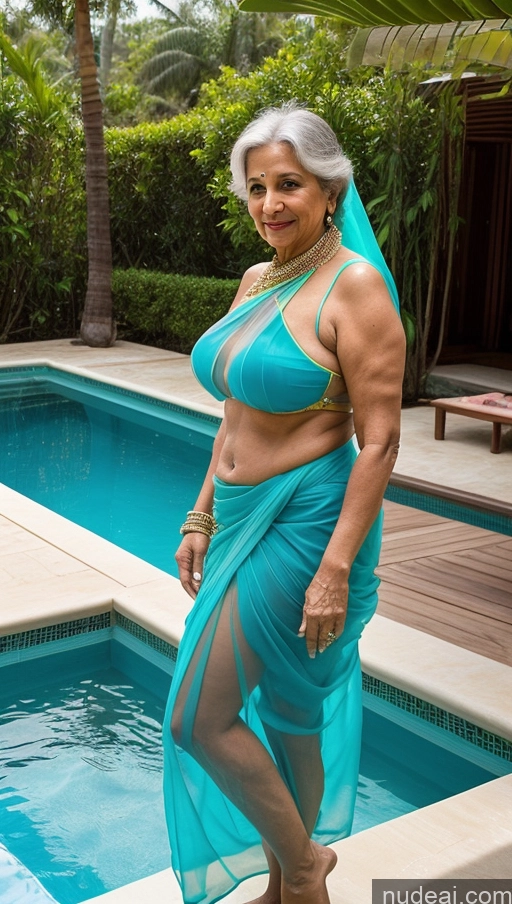 ai nude image of arafed woman in a blue sarong standing next to a pool pics of Milf One Busty Big Ass 70s Long Hair Indian Pool Sari Transparent Mini Skirt