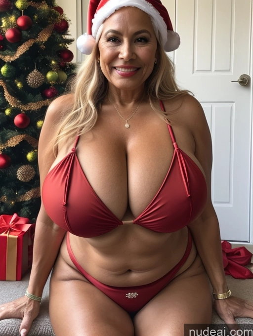 ai nude image of arafed woman in a red bikini and santa hat posing for a picture pics of Milf One Busty Huge Boobs Tanned Skin 70s Brazilian Front View Microkini Thong Santa Bows