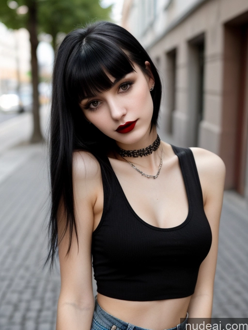 ai nude image of arafed woman with black hair and a choke on a city street pics of Small Tits Beautiful Lipstick Skinny 18 Black Hair Bangs Russian Street Close-up View Goth Tank Top