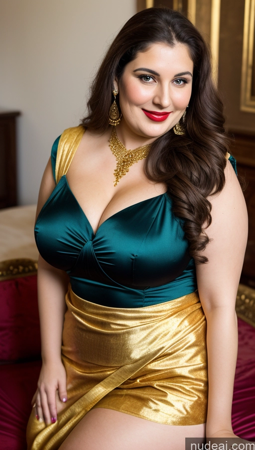 ai nude image of araffe woman in a green and gold dress posing for a picture pics of Milf Busty Beautiful Lipstick Thick Chubby Big Hips Fat Fairer Skin 20s Happy Seductive Brunette Long Hair Russian Party Front View Straddling Sari Blouse Dirndl Victorian Cleavage Gold Jewelry