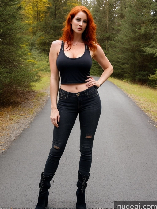 ai nude image of arafed woman with red hair and black top posing on a road pics of Perfect Boobs Perfect Body Big Hips Jeans Boots Tank Top Detailed Goth 30s Irish