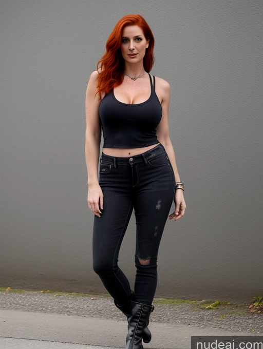 ai nude image of arafed woman with red hair and black top standing on sidewalk pics of Perfect Boobs Perfect Body Big Hips Jeans Boots Tank Top Detailed Goth 30s Irish