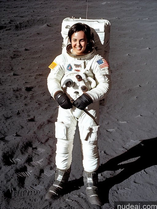 ai nude image of astronaut posing for a picture on the moon pics of Athlete One Pregnant Fairer Skin Tall Small Ass Small Tits 20s Happy Black Hair Pixie White Moon Space Suit